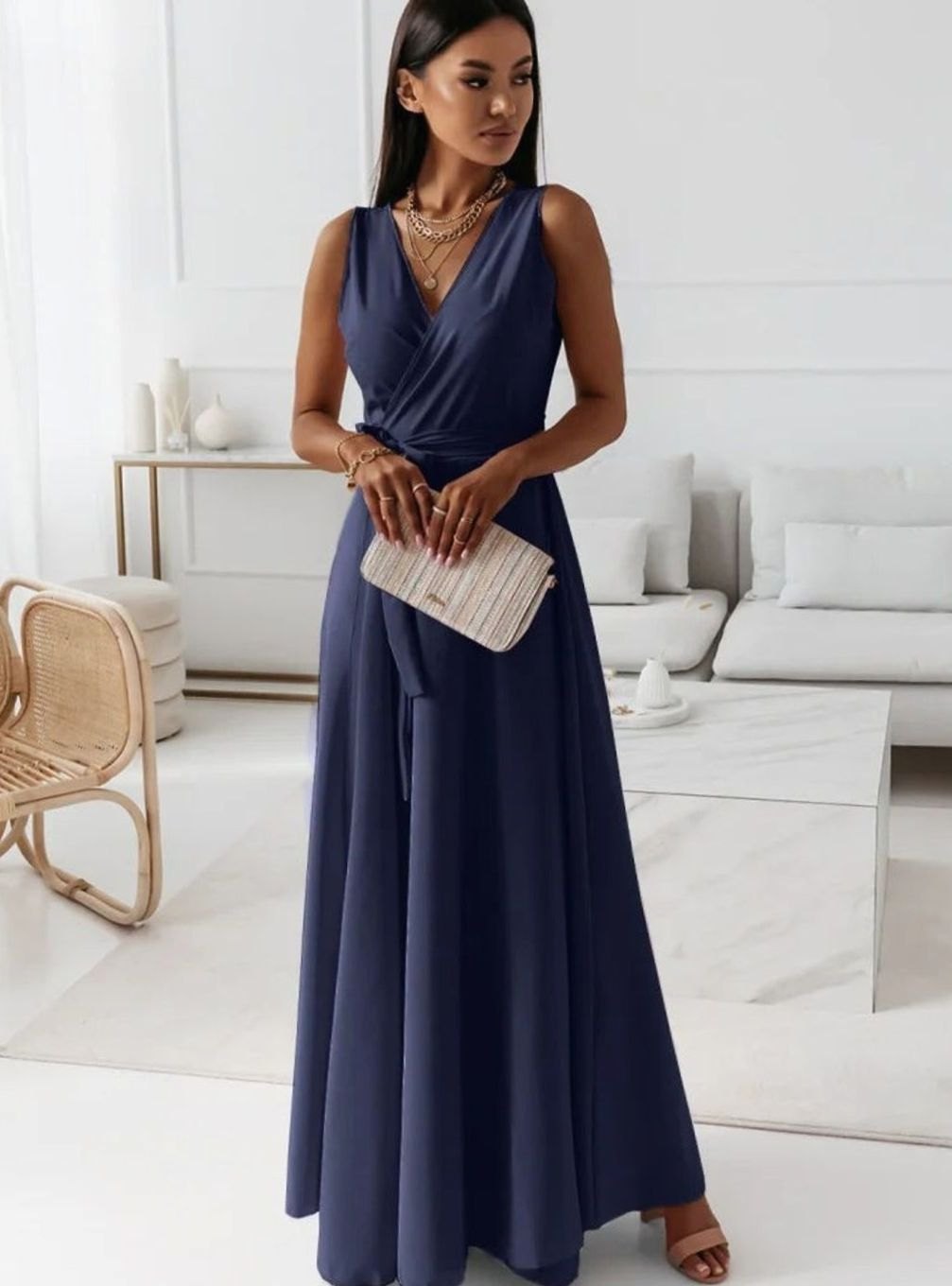 Women's Sleeveless V-Neck Belted Satin Maxi Dress - Navy Blue