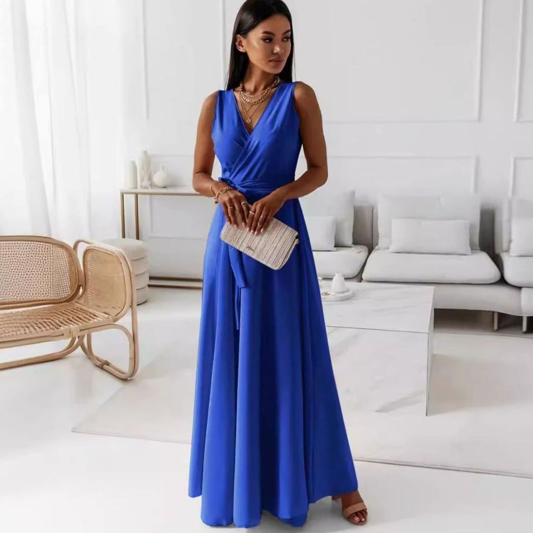 Women's Sleeveless V-Neck Belted Satin Maxi Dress
