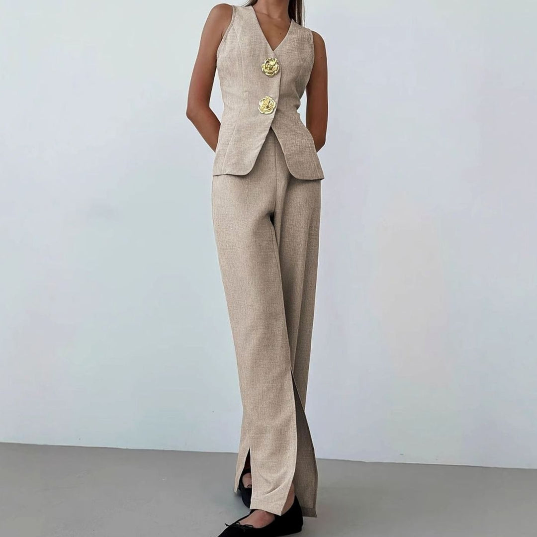 Women's Sleeveless V-Neck Blazer Wide-Leg Trousers Co-ord Set