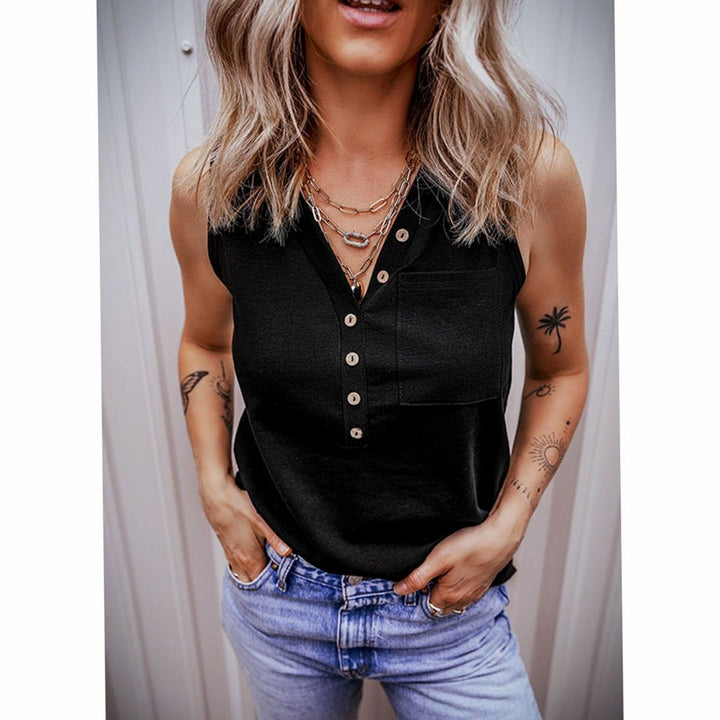 Women's Sleeveless V-Neck Button-Front Blouse Top Chest Pocket