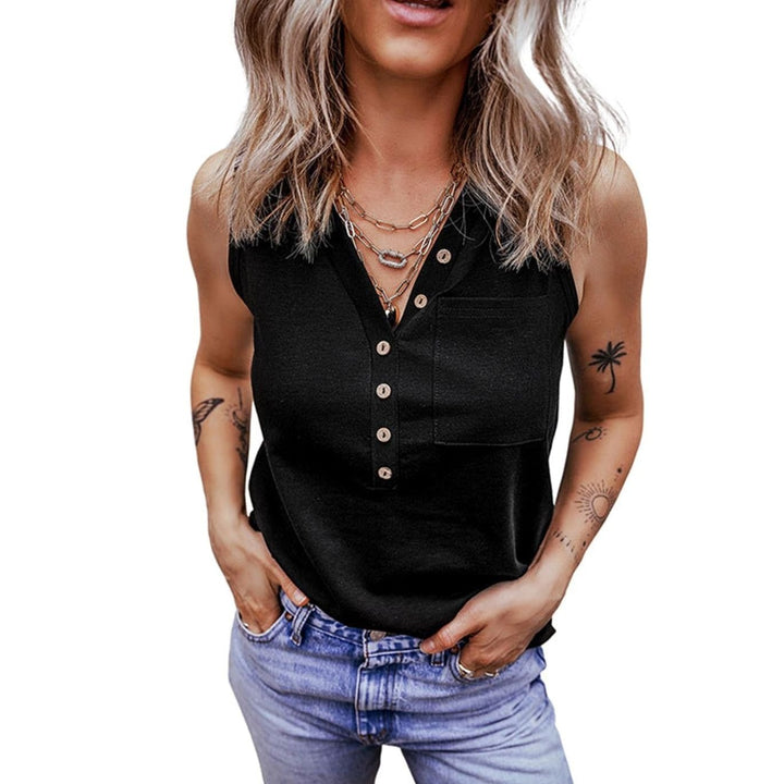 Women's Sleeveless V-Neck Button-Front Blouse Top Chest Pocket