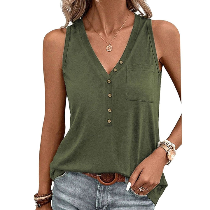 Women's Sleeveless V-Neck Button-Front Blouse Top Chest Pocket - Green