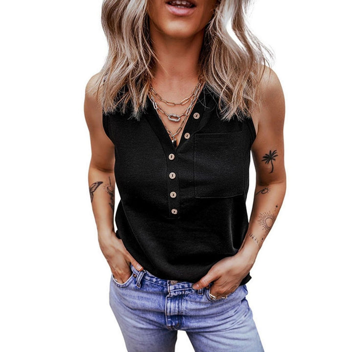 Women's Sleeveless V-Neck Button-Front Blouse Top Chest Pocket