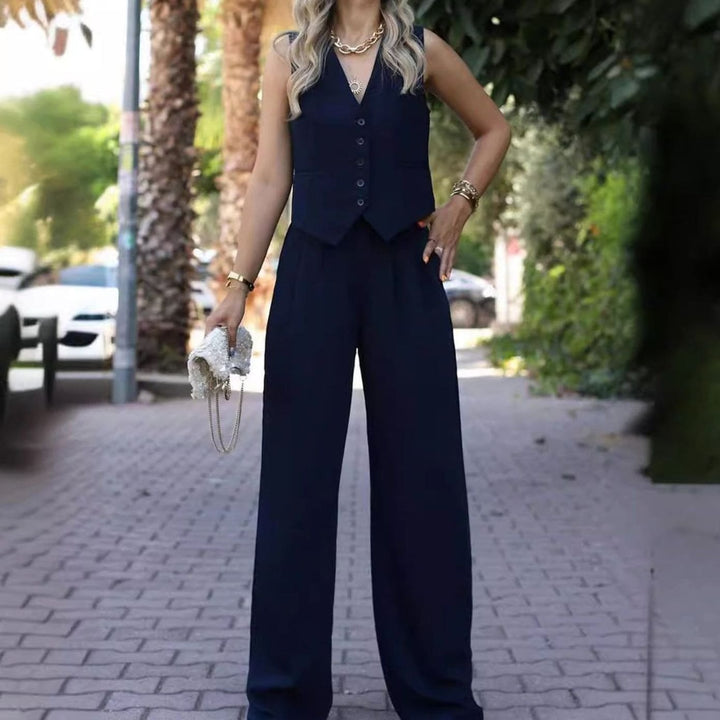 Women's Sleeveless V-Neck Button Waistcoat Wide-Leg Trouser Co-ord Set