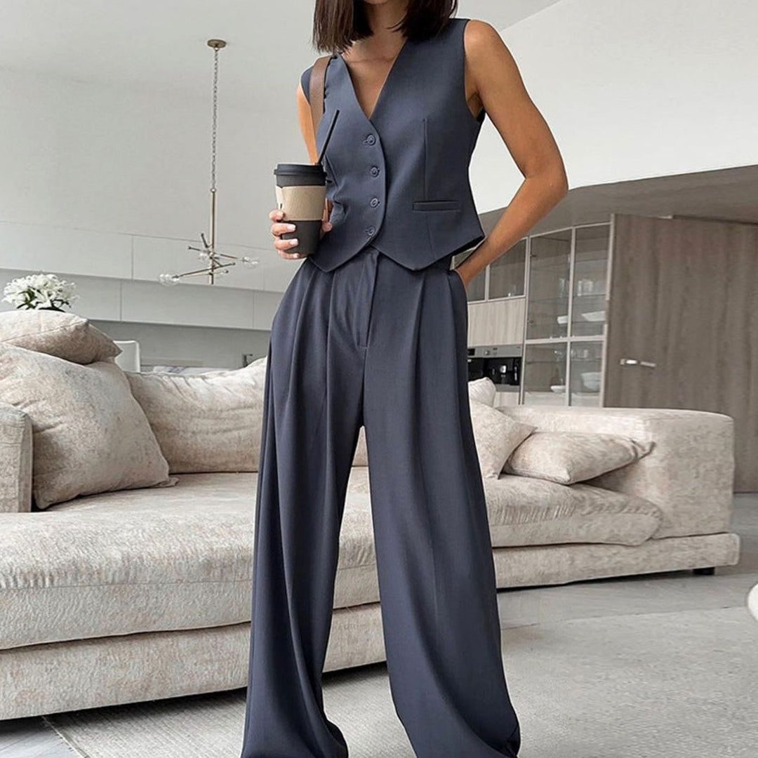 Women's Sleeveless V-Neck Button Waistcoat Wide-Leg Trouser Co-ord Set - Slate Grey