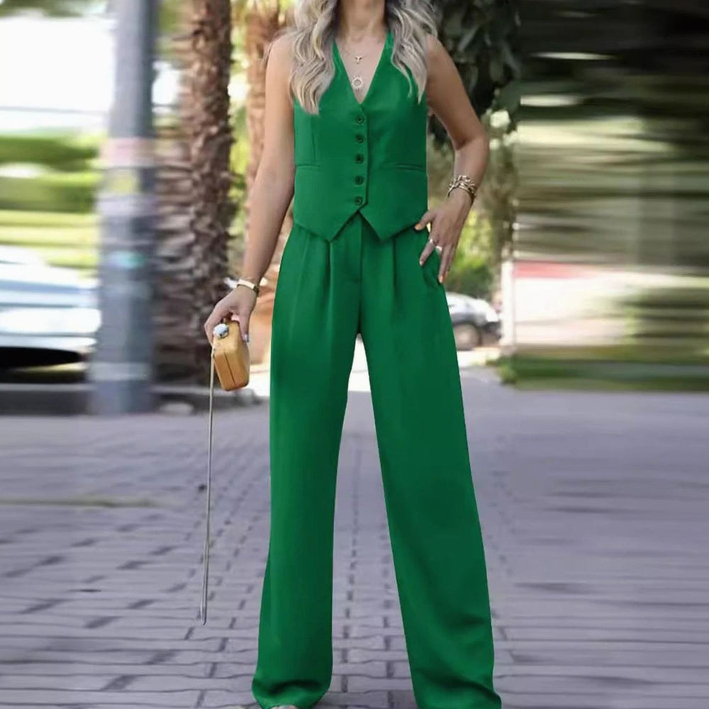 Women's Sleeveless V-Neck Button Waistcoat Wide-Leg Trouser Co-ord Set