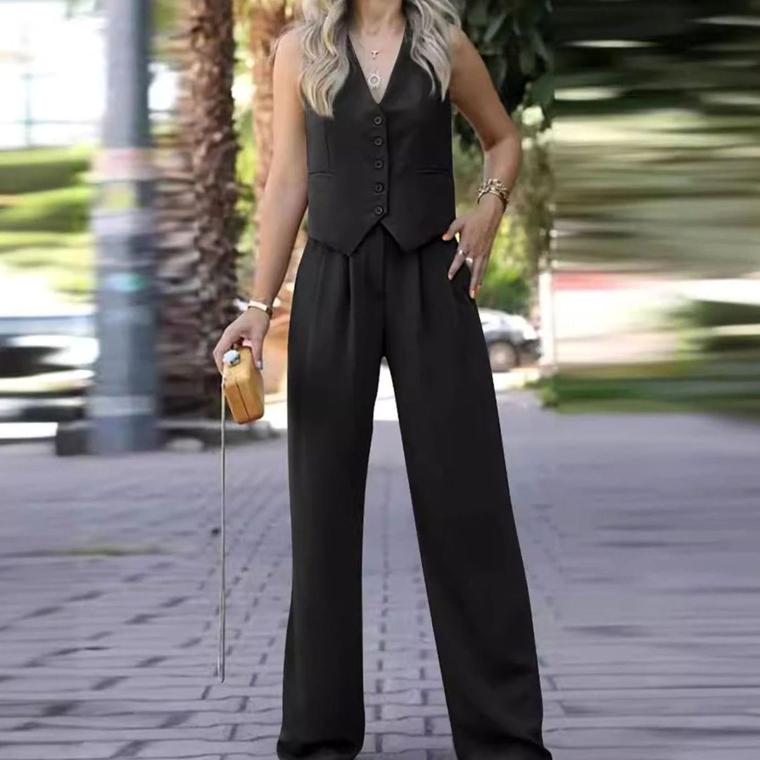 Women's Sleeveless V-Neck Button Waistcoat Wide-Leg Trouser Co-ord Set