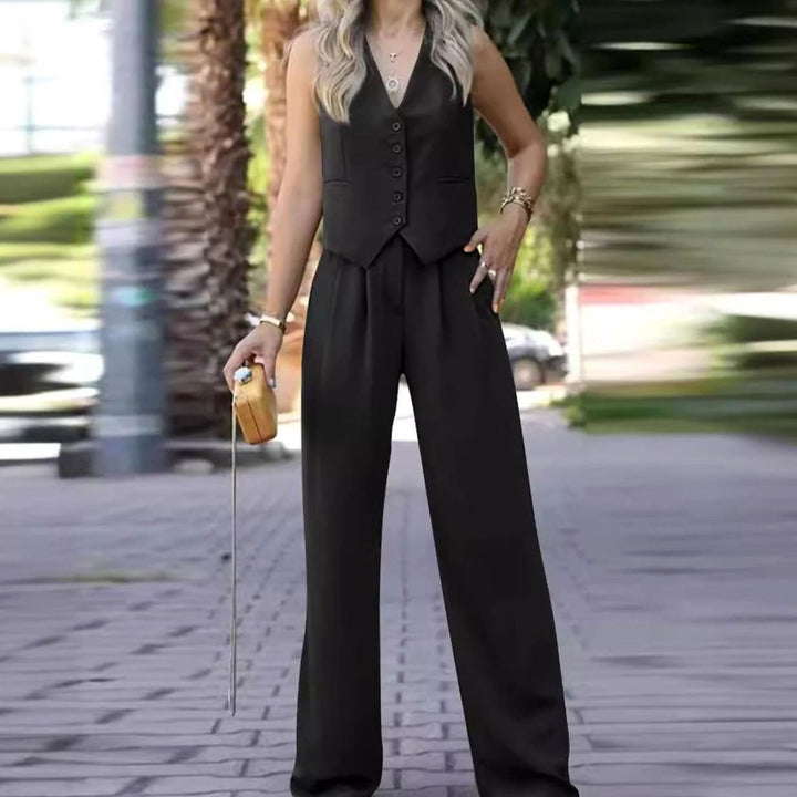 Women's Sleeveless V-Neck Button Waistcoat Wide-Leg Trouser Co-ord Set