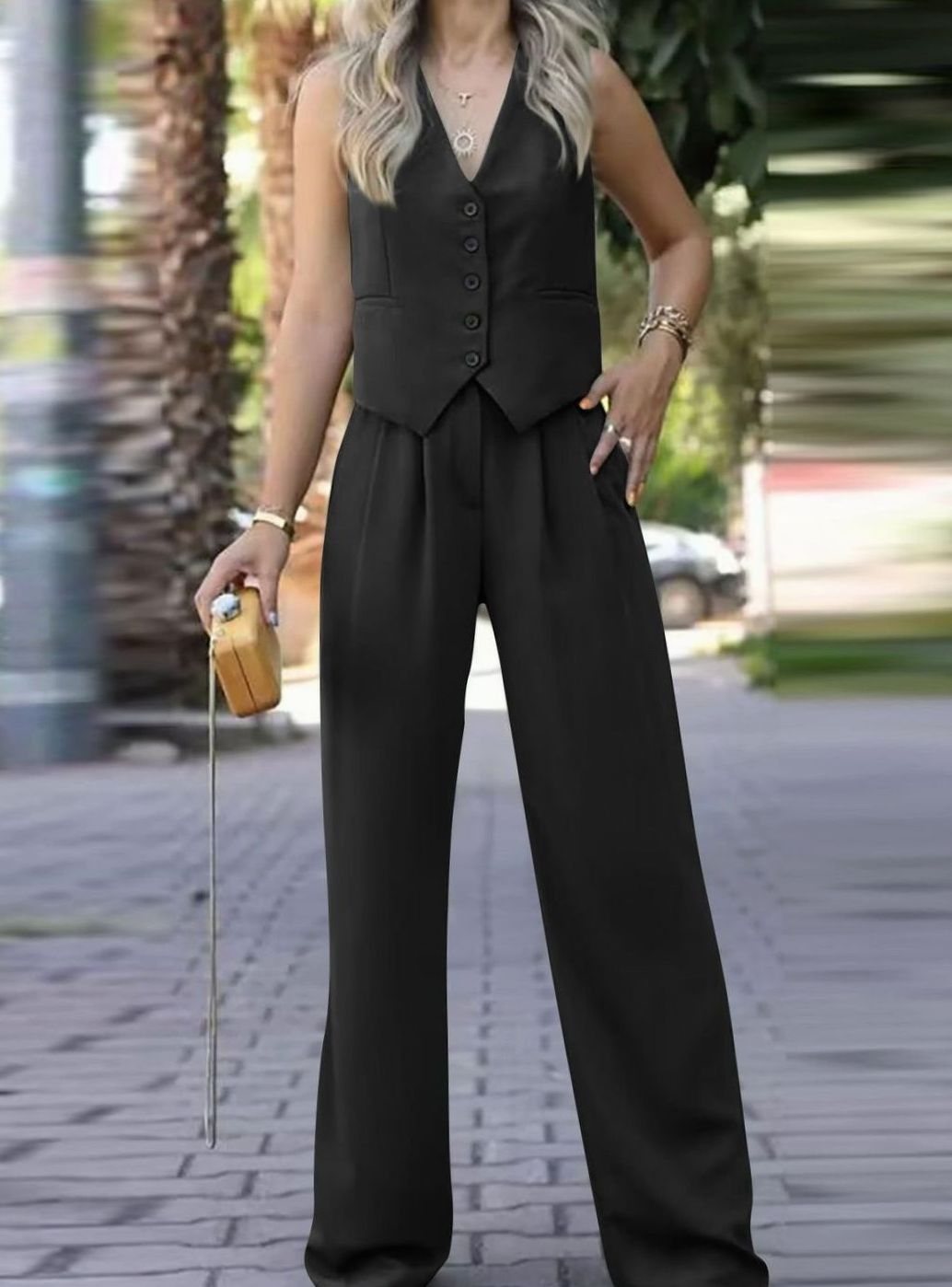 Women's Sleeveless V-Neck Button Waistcoat Wide-Leg Trouser Co-ord Set - Black