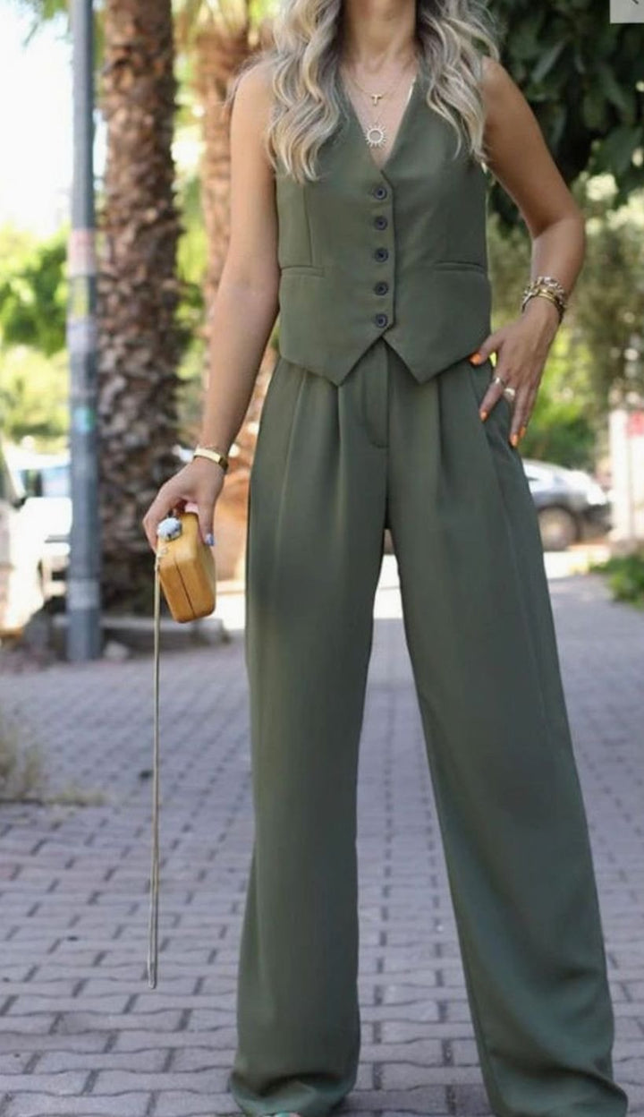 Women's Sleeveless V-Neck Button Waistcoat Wide-Leg Trouser Co-ord Set - Army Green