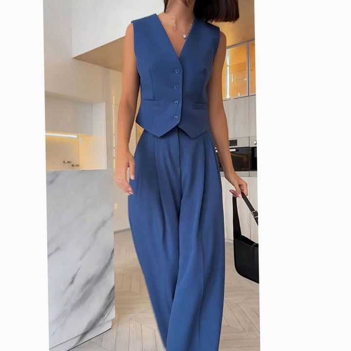 Women's Sleeveless V-Neck Button Waistcoat Wide-Leg Trouser Co-ord Set - Denim Blue
