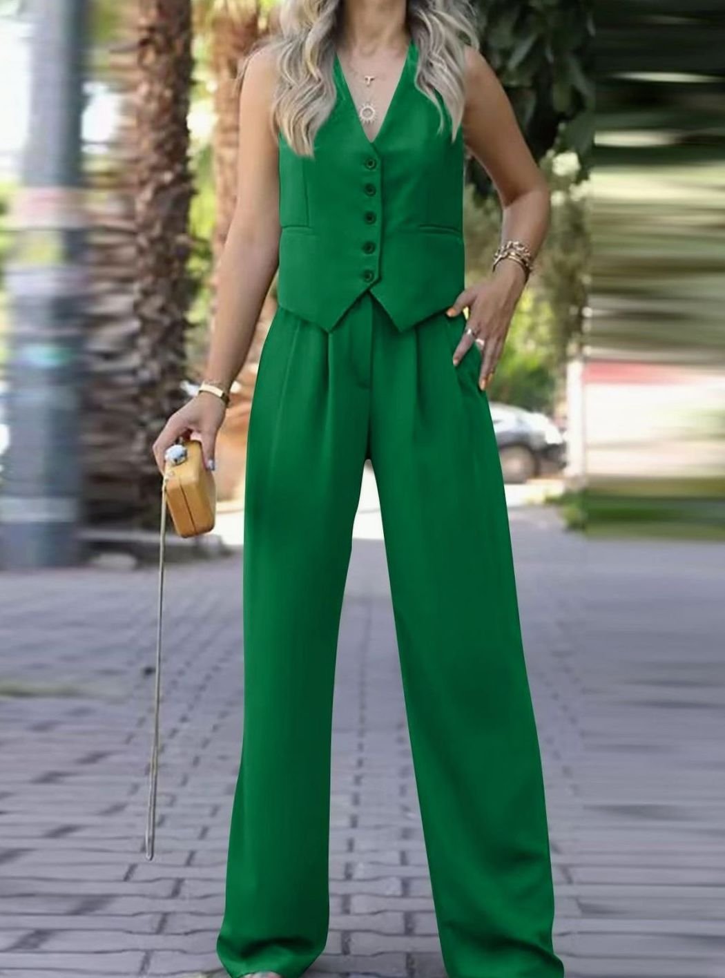 Women's Sleeveless V-Neck Button Waistcoat Wide-Leg Trouser Co-ord Set - Green