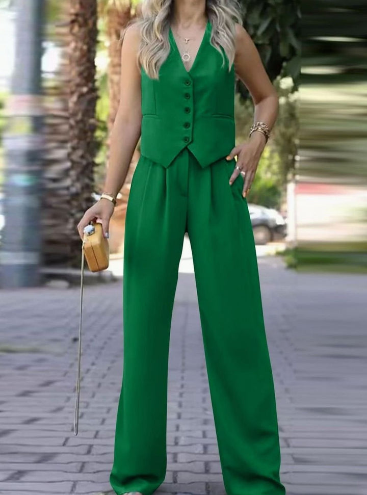 Women's Sleeveless V-Neck Button Waistcoat Wide-Leg Trouser Co-ord Set - Green