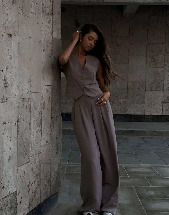 Women's Sleeveless V-Neck Button Waistcoat Wide-Leg Trouser Co-ord Set - Light Grey