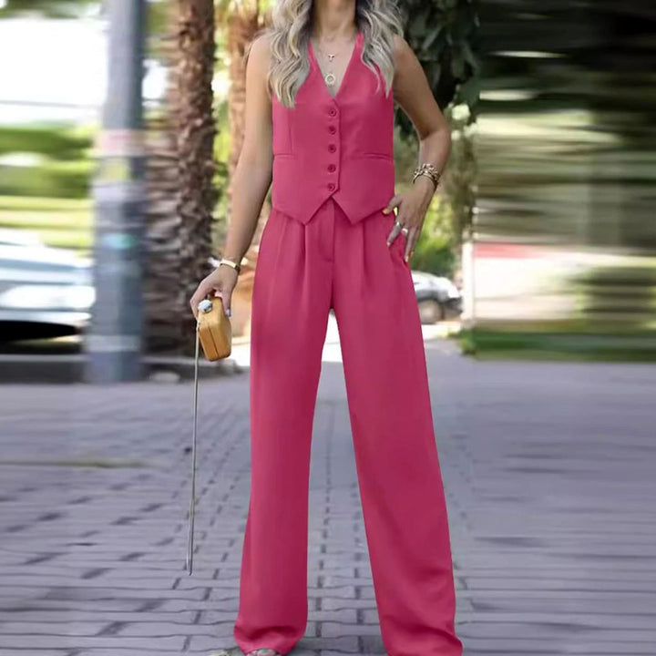 Women's Sleeveless V-Neck Button Waistcoat Wide-Leg Trouser Co-ord Set - Rose Red