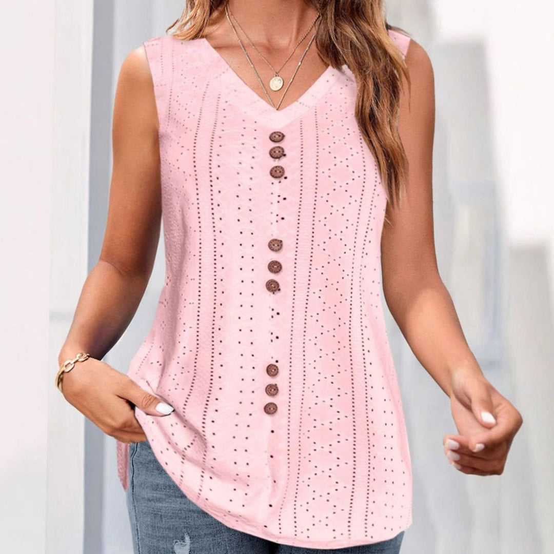 Women's Sleeveless V-Neck Eyelet Button-Front Blouse Top