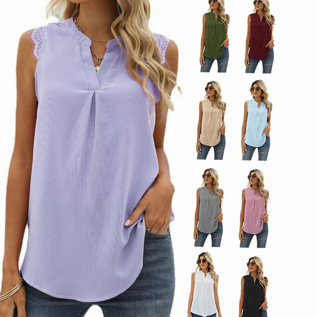 Women's Sleeveless V-Neck Lace-Trim Pleated Blouse Top