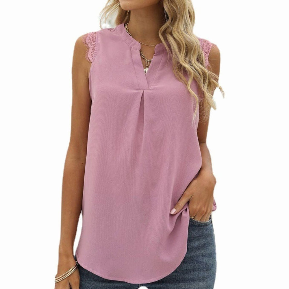 Women's Sleeveless V-Neck Lace-Trim Pleated Blouse Top