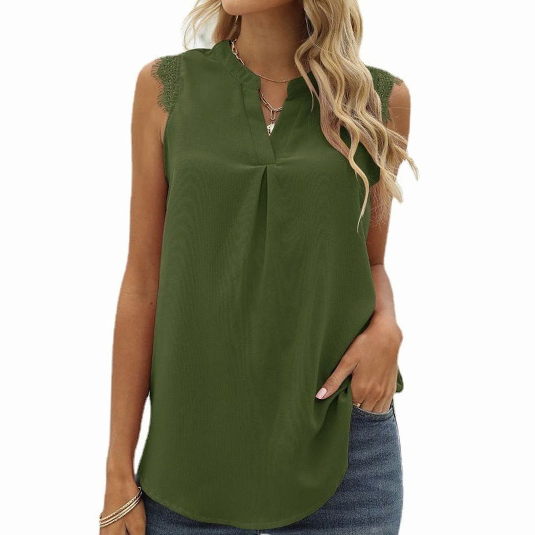 Women's Sleeveless V-Neck Lace-Trim Pleated Blouse Top
