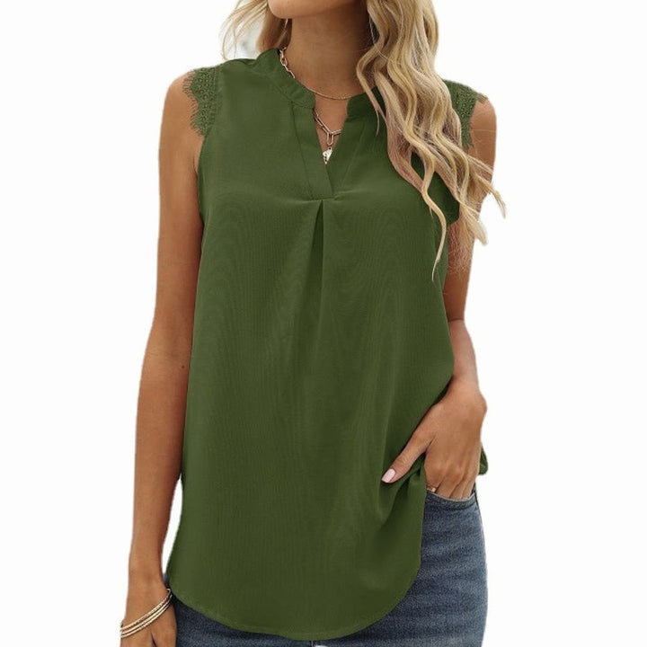 Women's Sleeveless V-Neck Lace-Trim Pleated Blouse Top