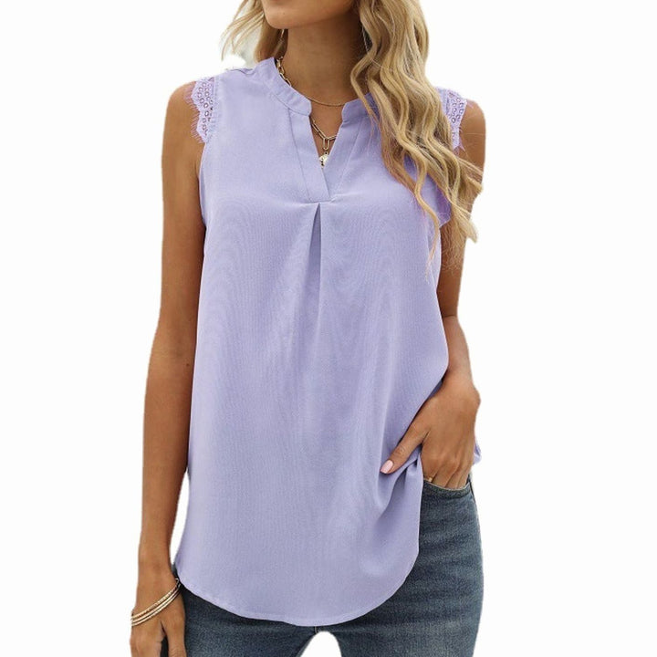 Women's Sleeveless V-Neck Lace-Trim Pleated Blouse Top