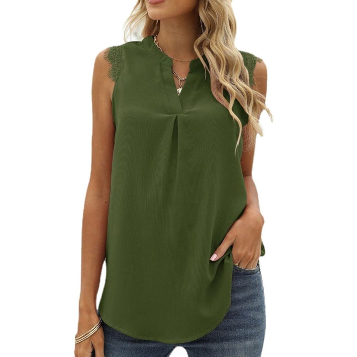 Women's Sleeveless V-Neck Lace-Trim Pleated Blouse Top - Olive Green