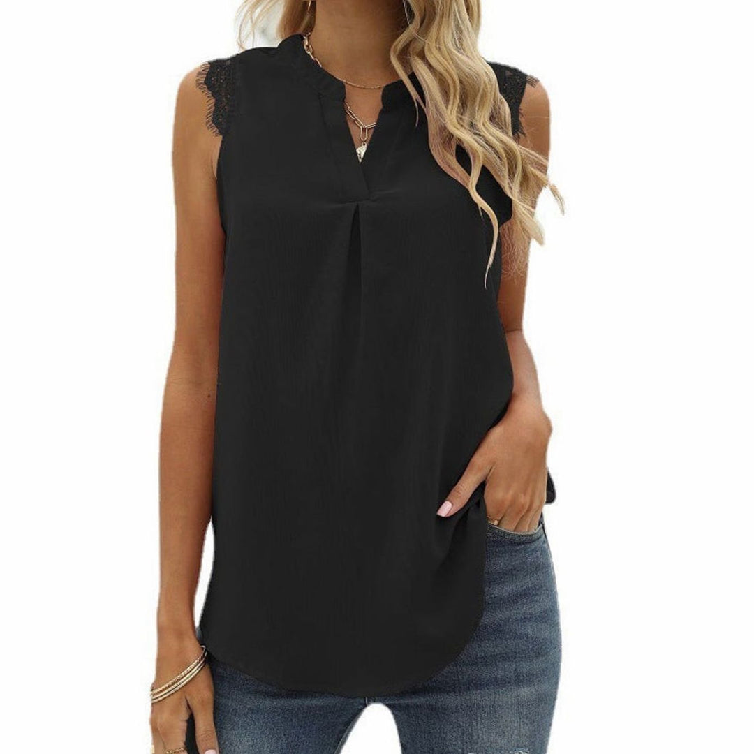 Women's Sleeveless V-Neck Lace-Trim Pleated Blouse Top - Black