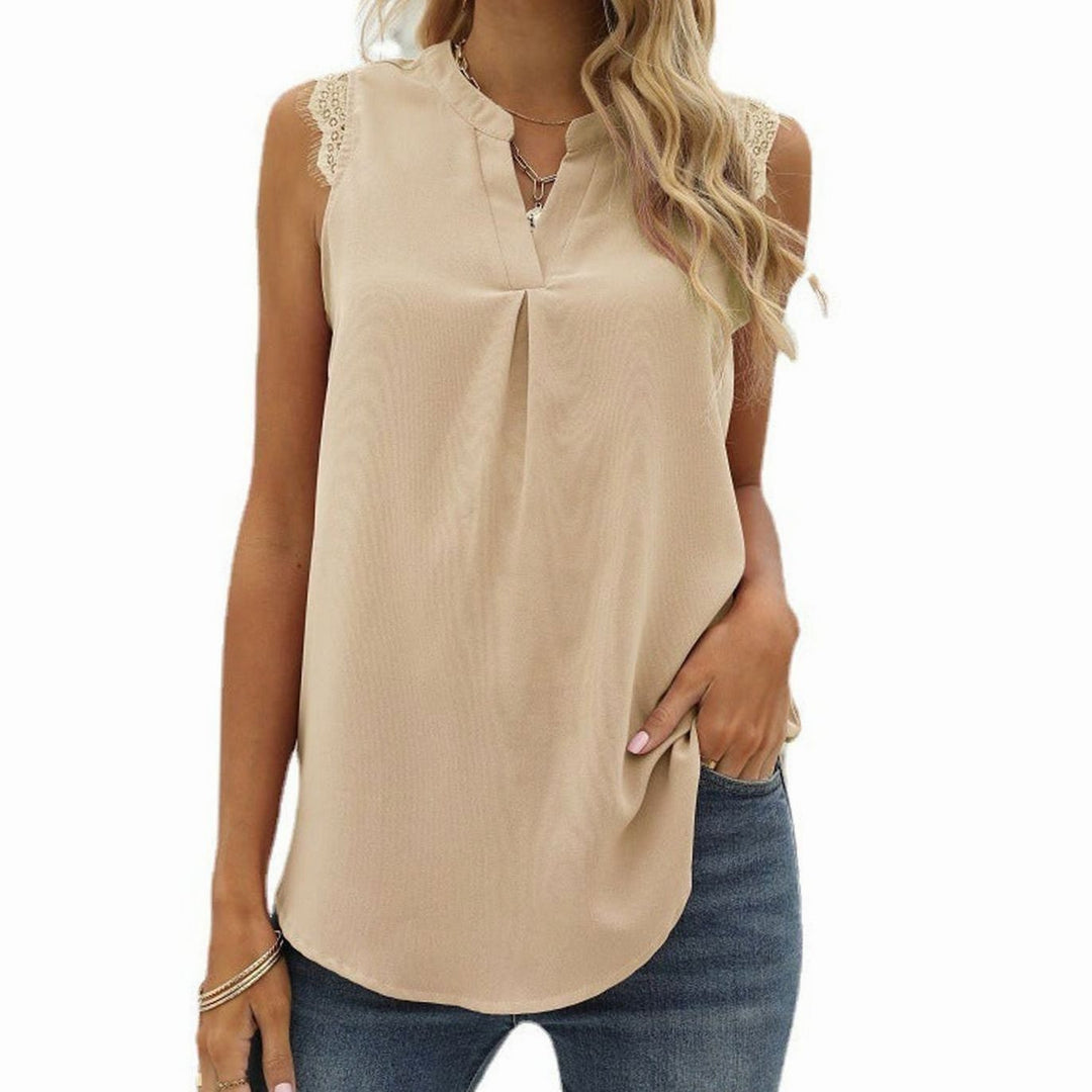 Women's Sleeveless V-Neck Lace-Trim Pleated Blouse Top - Apricot