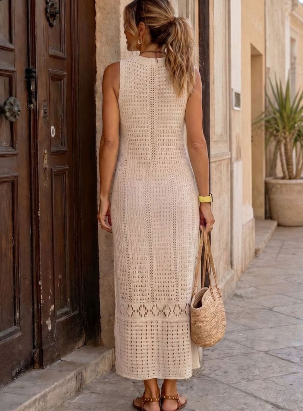 Women's Sleeveless V-Neck Open Crochet Knit Midi Dress