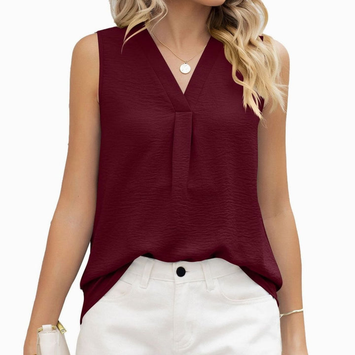 Women's Sleeveless V-Neck Pleated Blouse Top - Burgundy