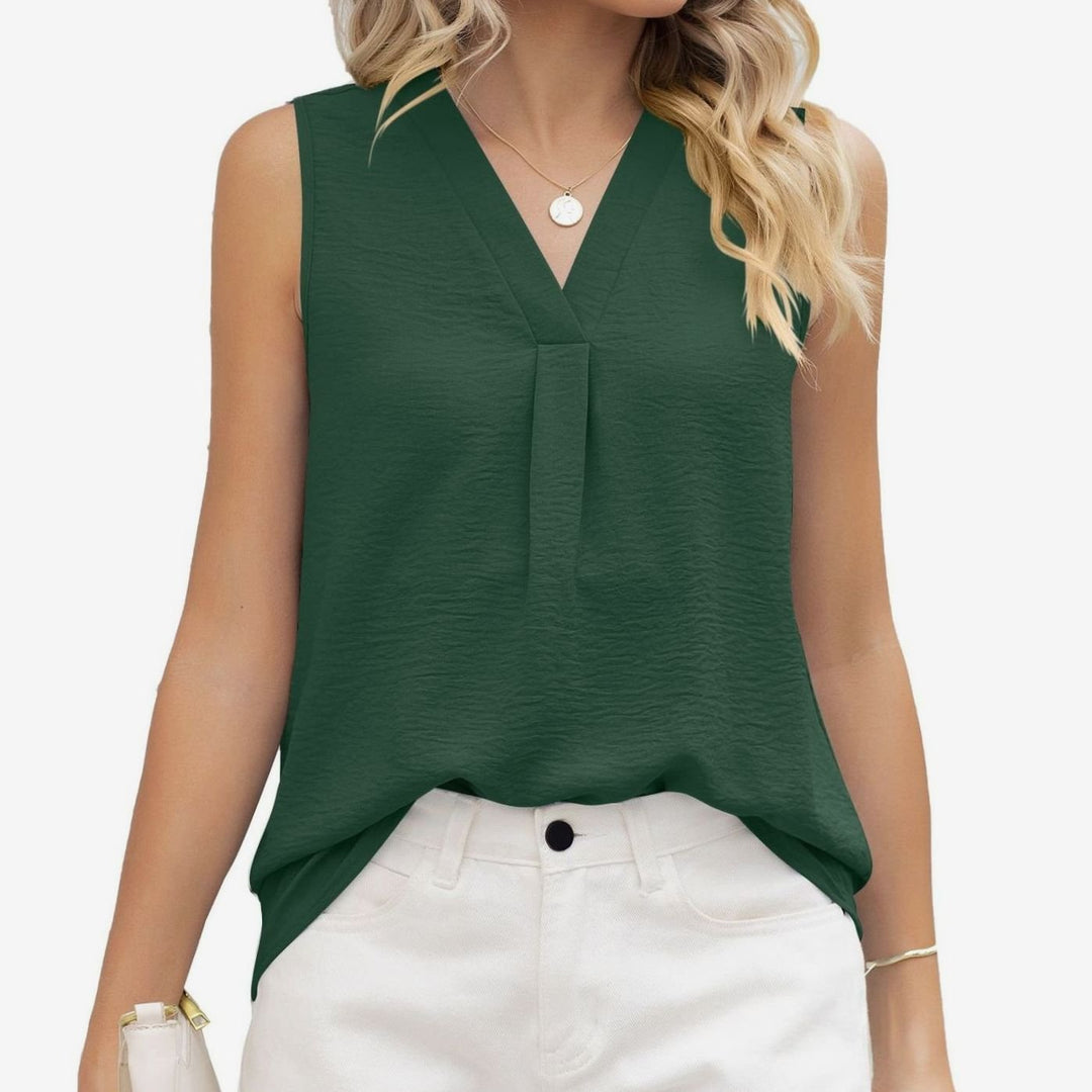 Women's Sleeveless V-Neck Pleated Blouse Top - Forest Green