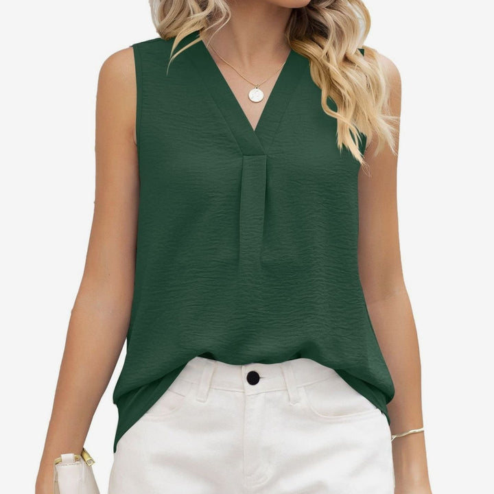 Women's Sleeveless V-Neck Pleated Blouse Top - Forest Green