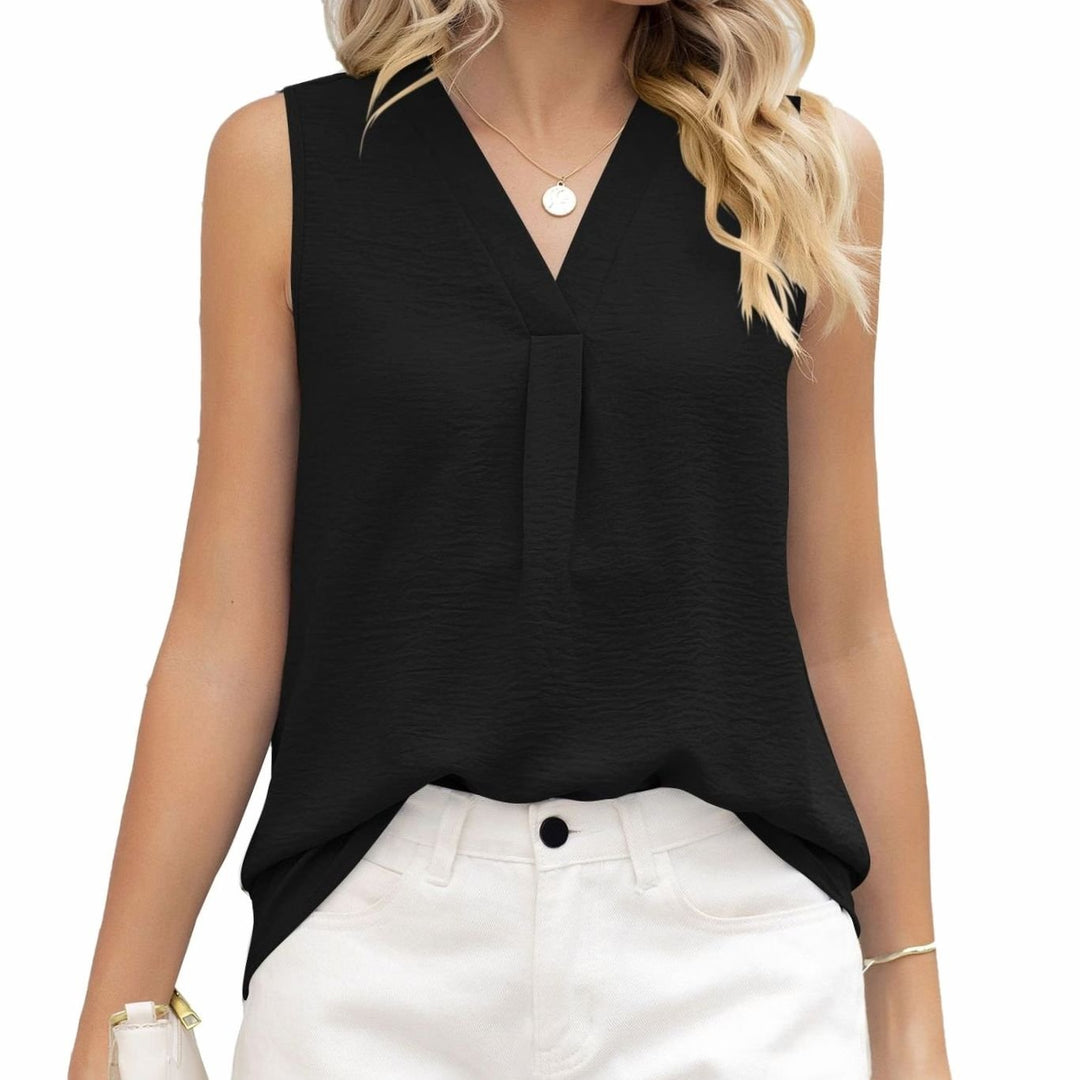 Women's Sleeveless V-Neck Pleated Blouse Top - Black