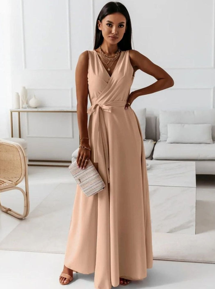 Women's Sleeveless V-Neck Wrap Maxi Evening Dress - Khaki