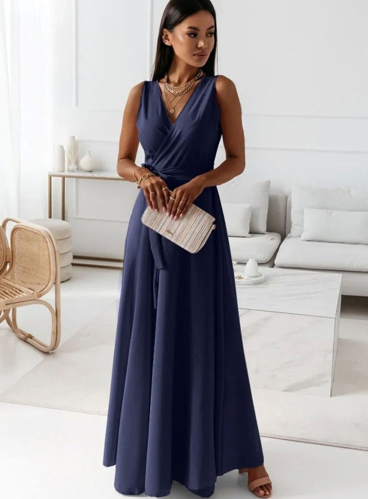 Women's Sleeveless V-Neck Wrap Maxi Evening Dress - Navy Blue