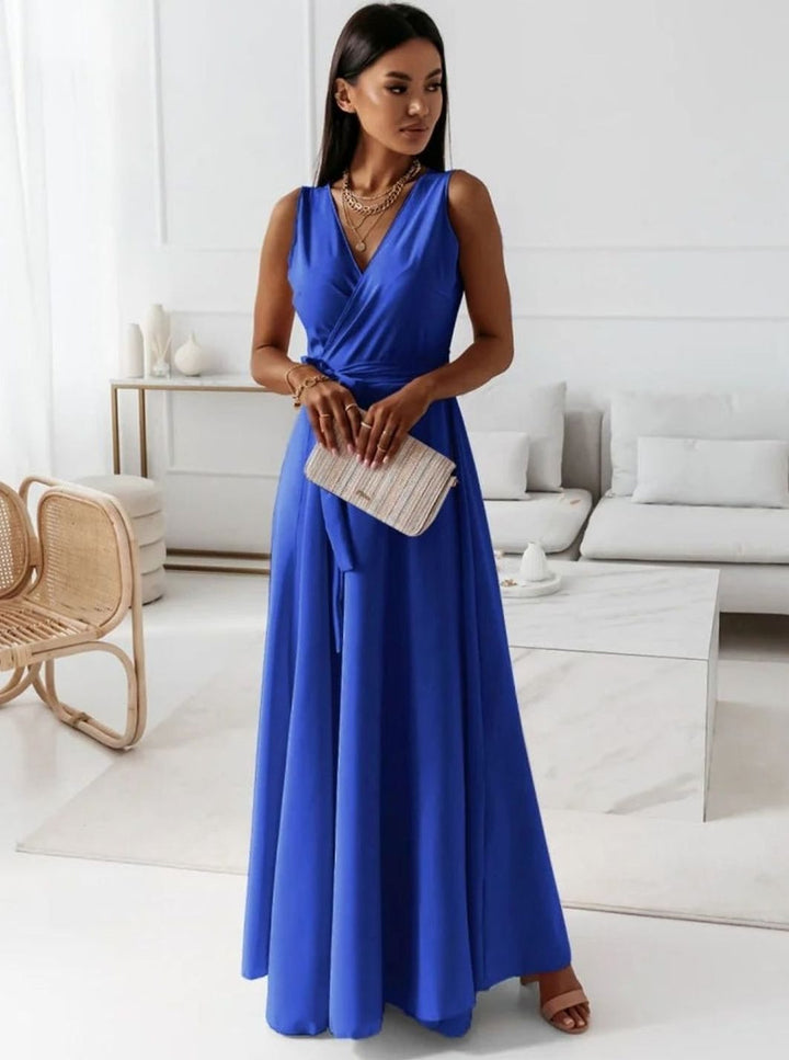 Women's Sleeveless V-Neck Wrap Maxi Evening Dress - Blue