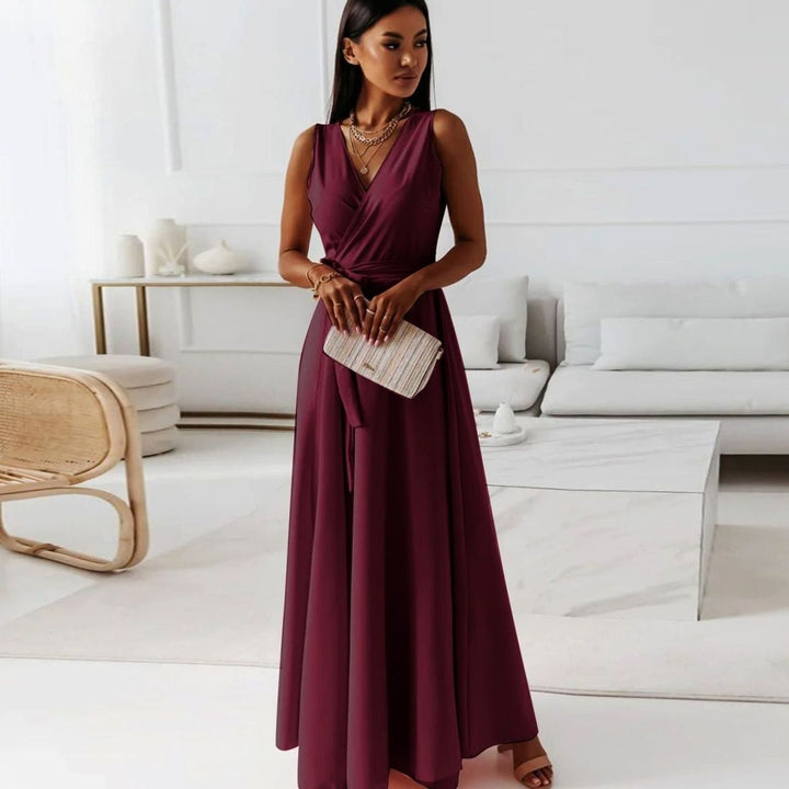 Women's Sleeveless V-Neck Wrap Maxi Evening Dress - Wine Red