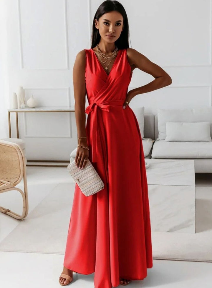 Women's Sleeveless V-Neck Wrap Maxi Evening Dress - Red