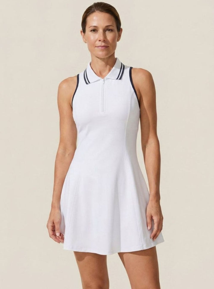 Women's Sleeveless Zip-Collar Flared Tennis Dress Built-In Shorts