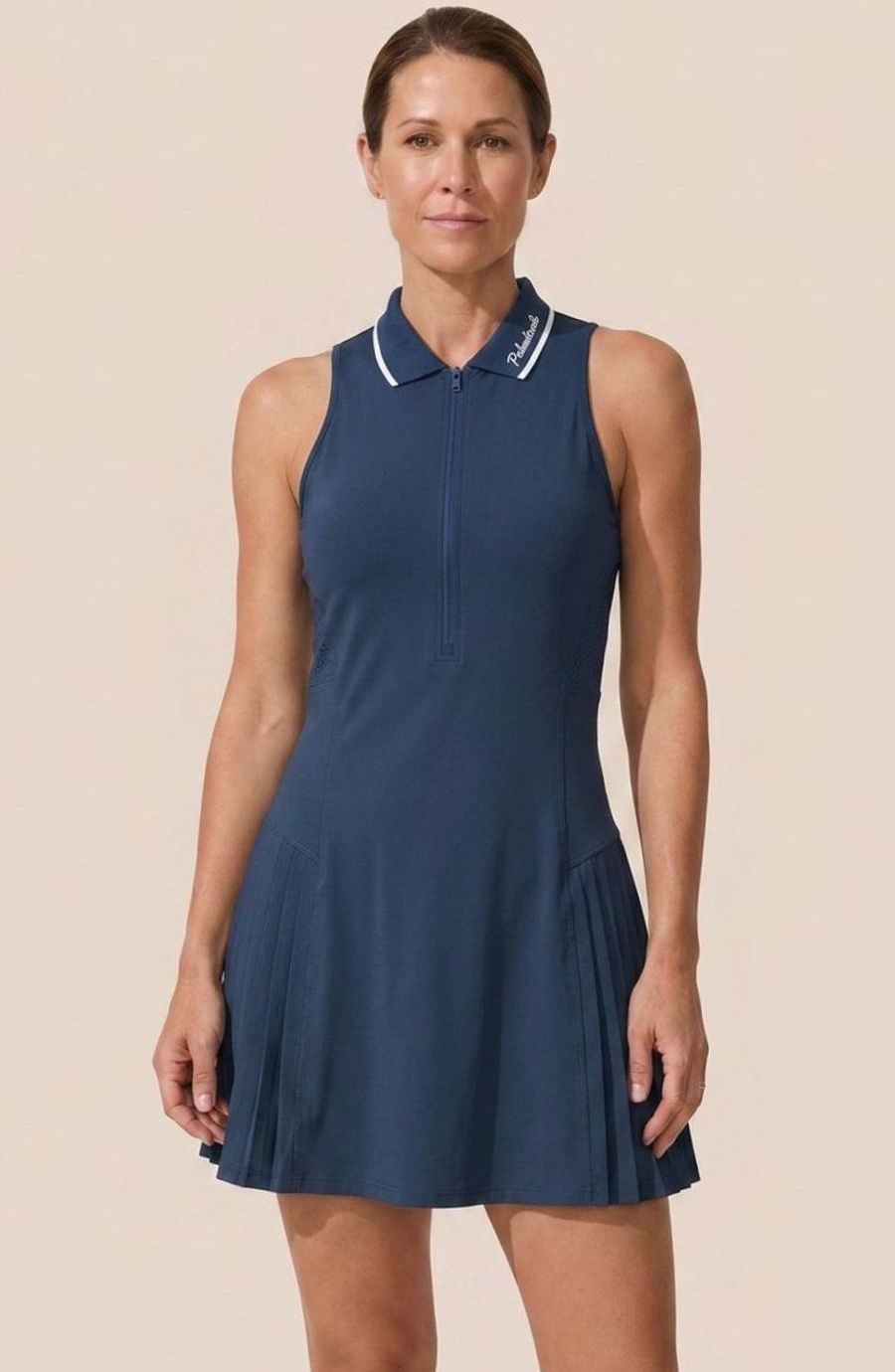 Women's Sleeveless Zip-Collar Flared Tennis Dress Built-In Shorts