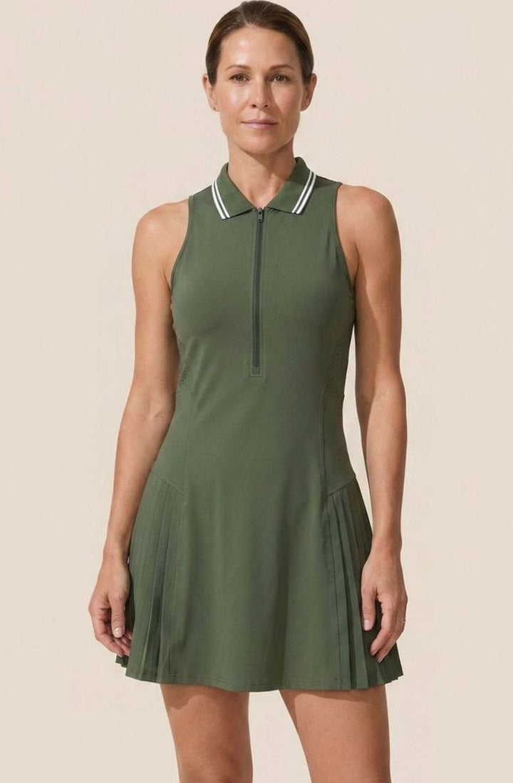 Women's Sleeveless Zip-Collar Flared Tennis Dress Built-In Shorts