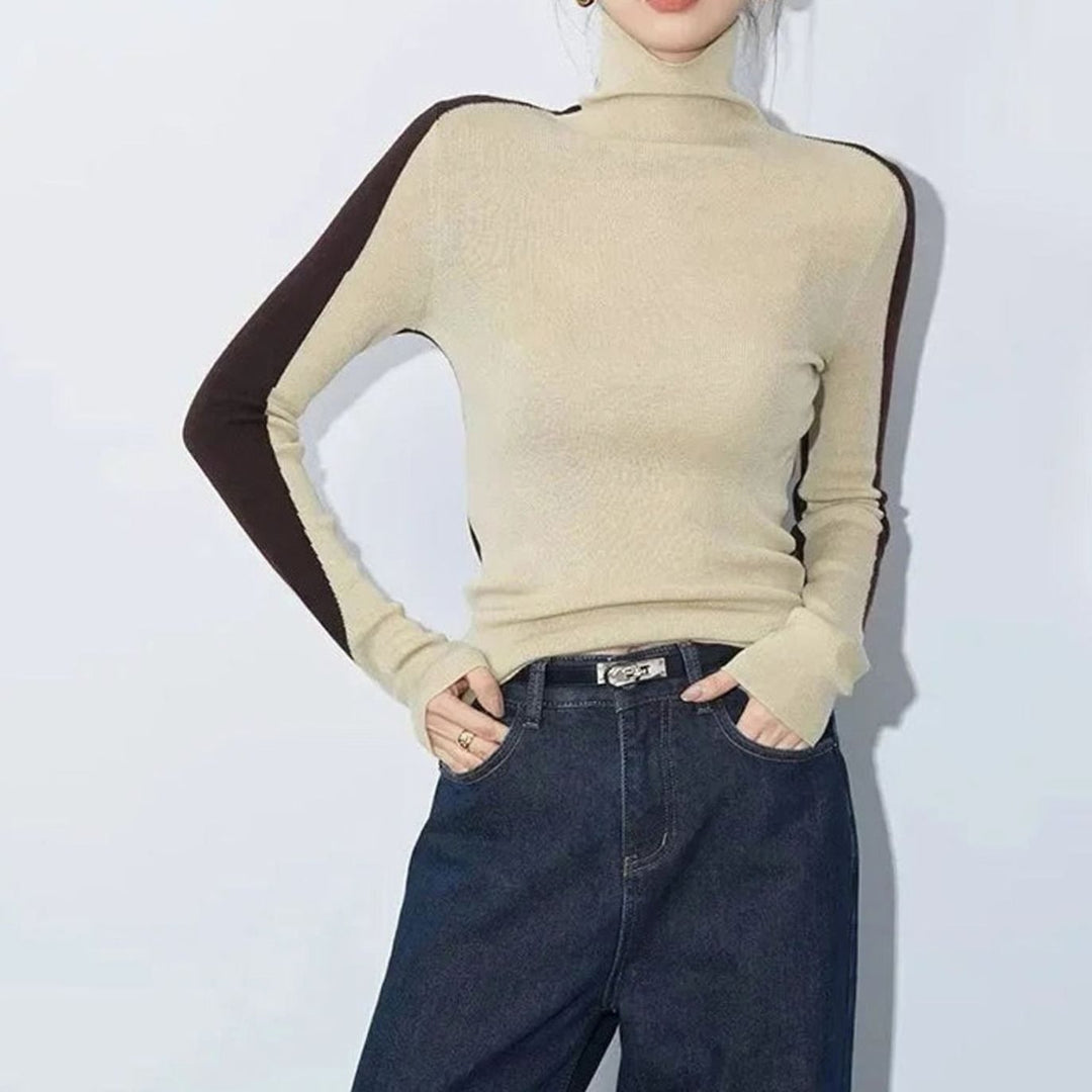 Women's Slim-Fit Contrast Sleeve Roll Neck Knitted Jumper