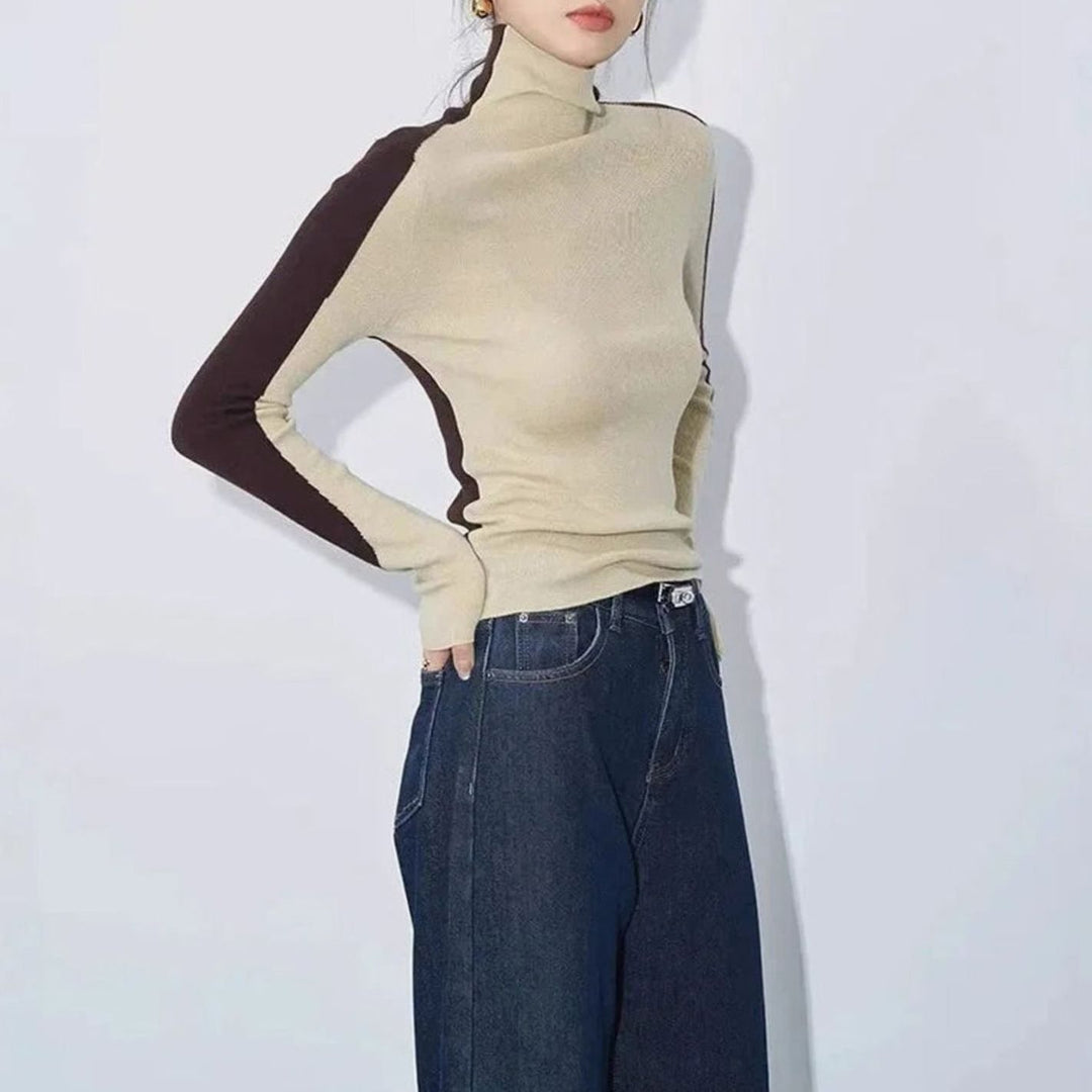 Women's Slim-Fit Contrast Sleeve Roll Neck Knitted Jumper