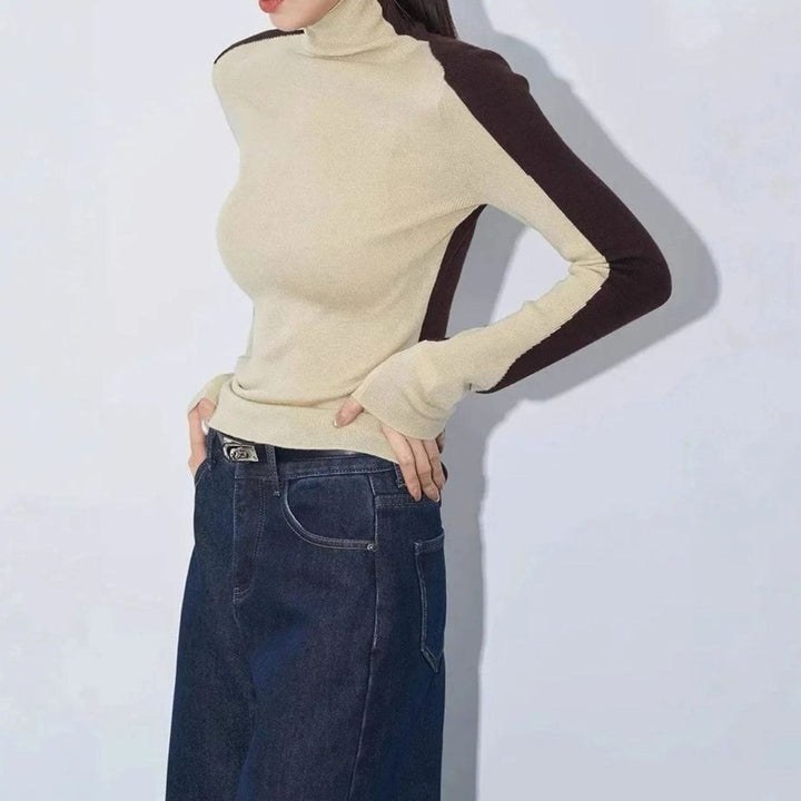 Women's Slim-Fit Contrast Sleeve Roll Neck Knitted Jumper