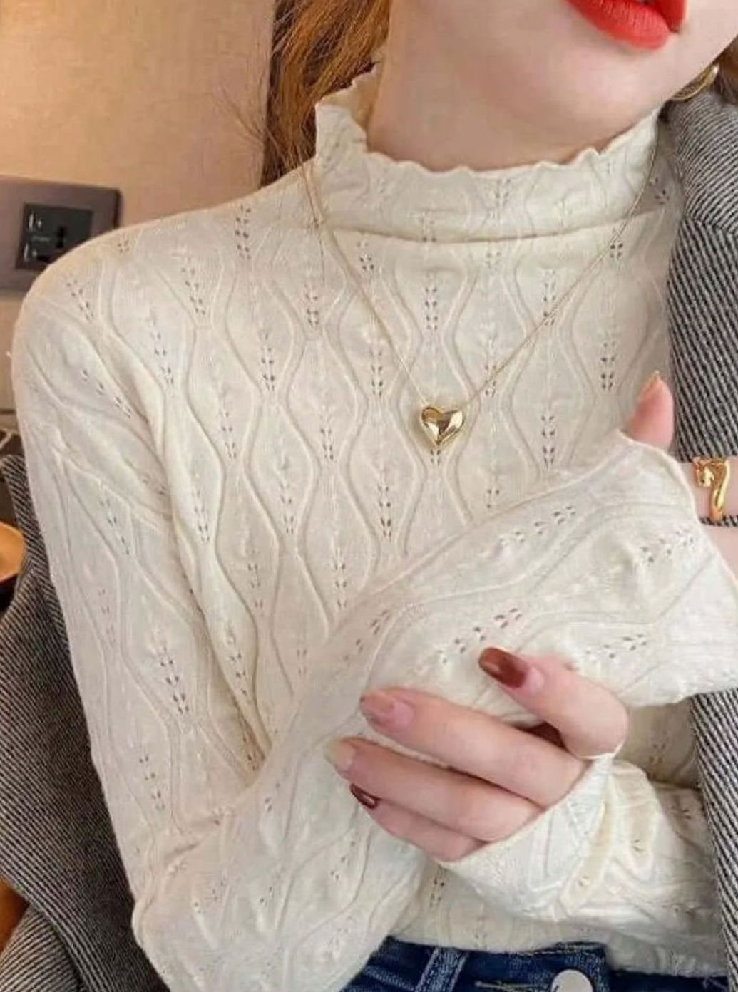 Women's Slim-Fit Frill Mock-Neck Pointelle Knit Top