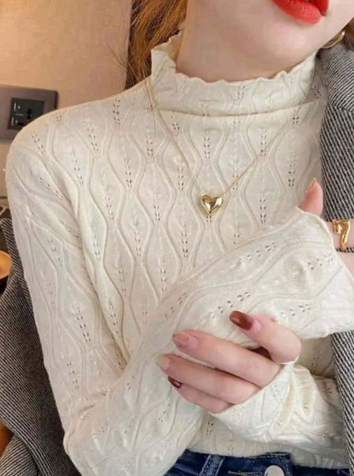Women's Slim-Fit Frill Mock-Neck Pointelle Knit Top