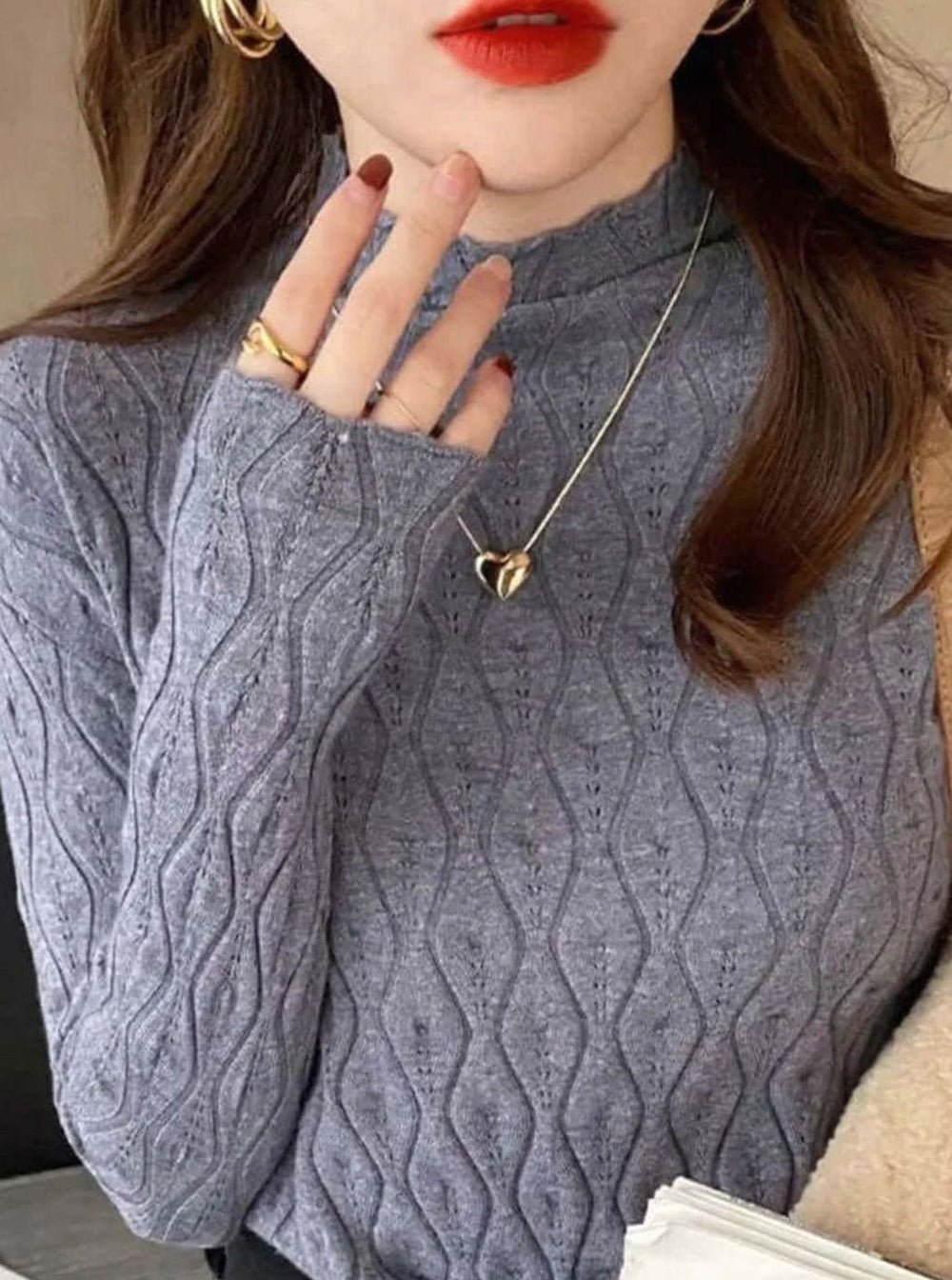 Women's Slim-Fit Frill Mock-Neck Pointelle Knit Top
