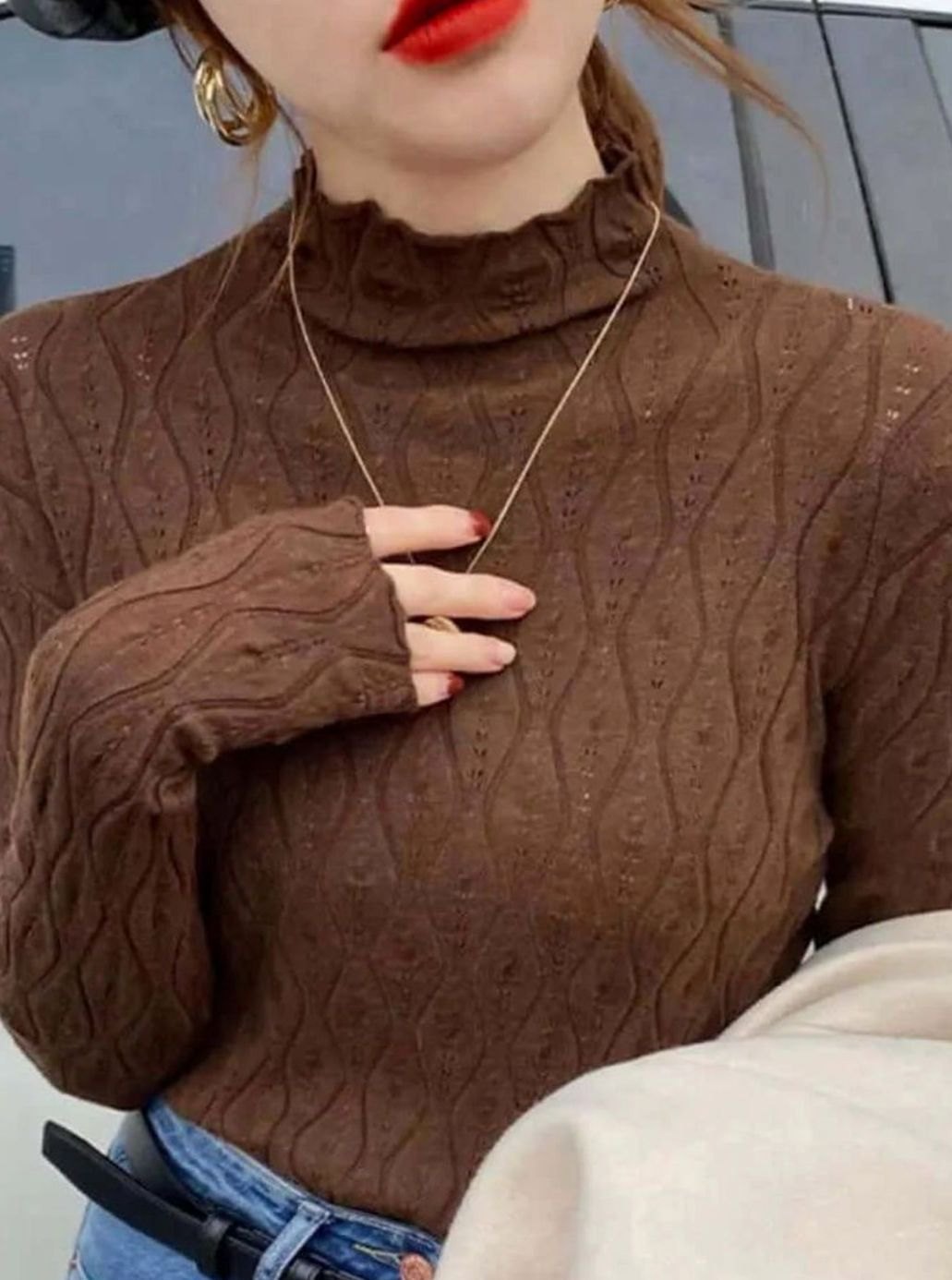 Women's Slim-Fit Frill Mock-Neck Pointelle Knit Top