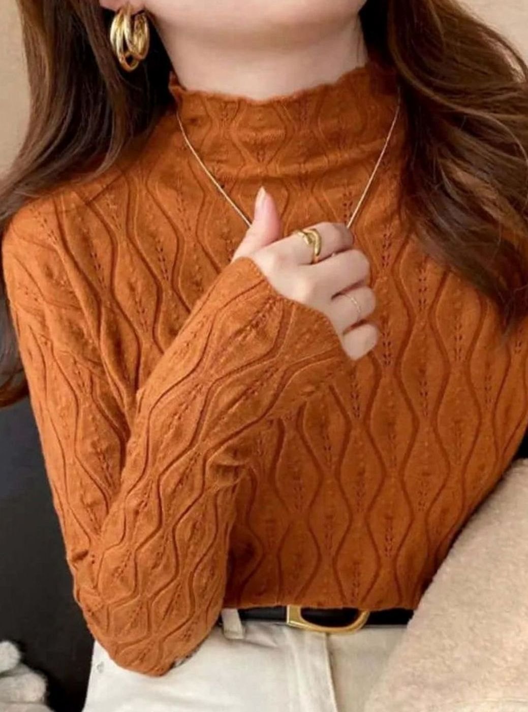 Women's Slim-Fit Frill Mock-Neck Pointelle Knit Top