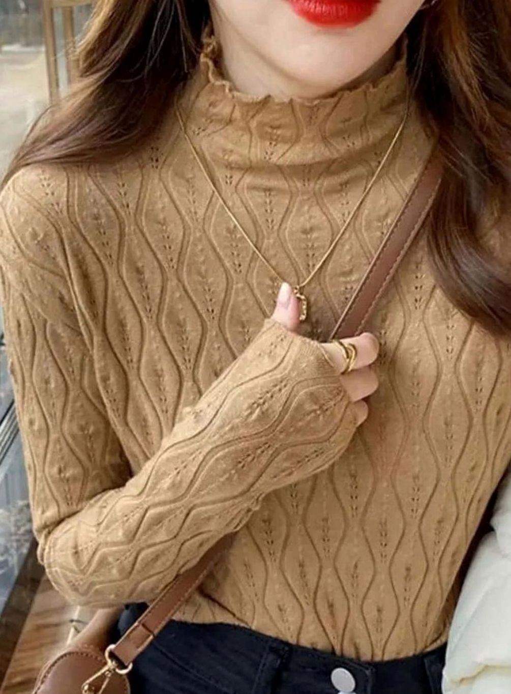 Women's Slim-Fit Frill Mock-Neck Pointelle Knit Top